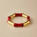 Bambus-Armreif aus Acryl mit roter Marmorierung und goldenen Metallelementen - Dunkelroter Marmor-Stil (AB0010-12)