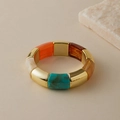 Chic stretch bracelet with gold metal blocks and marble texture resin links in vibrant colors - Acrylic / Teal Marble Pattern (AB0051-9)