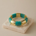 Chic wide stretch bracelet with turquoise marble resin and gold polished metal modules - Acrylic / Turquoise Pattern (AB0051-7)
