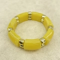 Close-up of marble yellow acrylic bamboo beads and polished gold metal spacers on bracelet - Bright Yellow Cuboid Bracelet (AB0040-5)