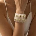White marble-textured acrylic wide stretch bracelet with gold metal rivet studs - Wide Rivet Decorated Marble Style (AB0049-1)