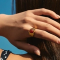 Vintage style gold-plated ring with a large oval red gemstone and embossed patterns - Vintage Red Oval Stone (SR0010-1)