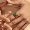 Golden stainless steel ring featuring a green oval stone and vintage bohemian textures - Vintage Green Oval Stone (SR0010-2)