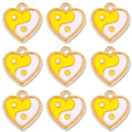 Set of nine heart-shaped yin yang pendants in yellow and white enamel for DIY jewelry - Yellow