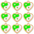 Set of 9 heart-shaped yin yang charms with neon green enamel and gold alloy edges - Green