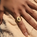 Golden multi-layer open ring with grey oval turquoise stone and sunburst textured base - Multi-Layer Sunburst Grey Oval (SR0013-1)