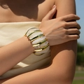 Statement wide beaded stretch bracelet with gold metal and translucent resin links - Bold Gold Patchwork Hand Row (AB0035-1)