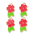 Set of 4 DIY flower charms with red petals and green leaves in golden metal frame - Red