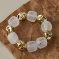Acrylic chunky beaded bracelet with golden metallic beads and marble textured cubes - Metal and Frosted Square Beaded Style (AB0050-1)