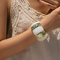 Detail of bohemian wide stretch bracelet with white marble acrylic and textured gold metal - Woven Texture Patchwork Wide Style (AB0033-1)