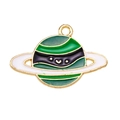 Detailed view of green saturn pendant with a purple ring and white orbit - Green