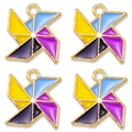 Macro detail of four colorful enamel windmill charms with golden metal loops for DIY jewelry - Yellow Blue Purple Color Blocking Style(px0675-1)