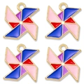 Close-up of four colorful enamel windmill charms with gold plating for DIY jewelry crafting - Pink Blue Red Color Blocking Style(px0675-2)