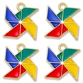 Macro detail of four colorful enamel windmill charms in gold finish for DIY jewelry - Red Yellow Blue Green Color Blocking Style(px0675-3)