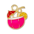 Macro view of a pink enamel coconut cocktail charm with a mini umbrella and lemon slice - Rose Red