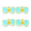 Detail of four light blue enamel bow pendants with orange smiley faces and metal rings - Blue