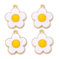 Four white five-petal daisy alloy pendants with yellow centers and gold plating - White