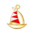 Gedetailleerde close-up van een rood-witte zeilbootbedel met goudkleurig metalen frame - Rood