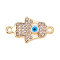 Detailed view of a gold-plated Hamsa Hand connector with pavé crystals and blue evil eye - White