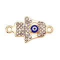 Detailed view of gold Hamsa charm with sparkling rhinestones and blue evil eye detail - Sapphire Blue