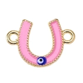 Pink enamel U-shaped horseshoe charm with evil eye bead for DIY jewelry making - Pink