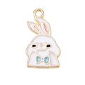 Close-up of white enamel bunny pendant with blue bow and gold metal edges for DIY jewelry - Blue Bowtie Rabbit