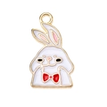 Detailed view of enamel bunny pendant with pink ears and red bow tie for DIY jewelry - Red Bowtie Rabbit