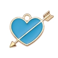 Detail of light blue heart and arrow charm with golden metal edges and hanging ring - Blue