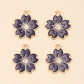 Close-up of four deep purple cherry blossom enamel pendants with gold alloy plating - Indigo Sakura Pendant (px0831-2)