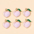 Set of 6 cute peach-shaped enamel charms with gold edges and green leaves for DIY jewelry - Peach Style (px0865-14)