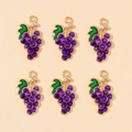 Set of six purple grape charms in gold alloy with green leaves for DIY jewelry making - Grape Pendant (px0865-13)