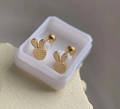 Golden rabbit stud earrings with Fu character in luck design and a white gift box - Fu Character Rabbit
