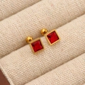 Square red ruby earrings with golden screw back studs for women in titanium steel - Red Zircon Gold