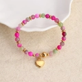 Pulsera de cuentas rosa y verde con colgante de corazón dorado y toques de metal - Colgante de Corazón de Cuentas Rosa Púrpura (04)