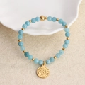 Lichtblauwe natuursteen kralenarmband met gouden Tree of Life bedeltje voor dames - Lichtblauwe Kralen Levensboom Hanger (08)