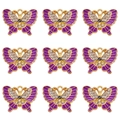Detailed set of 9 purple enamel butterfly charms with gold metal edges and rhinestones - Purple