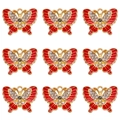 Detailed view of nine gold alloy butterfly pendants with red enamel and sparkling crystals - Red