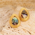 Boucles d'oreilles dorées en forme de larme avec nacre irisante et bordure texturée - Style Goutte Ormeau Texture Granulée (17)
