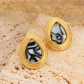 Boucles d'oreilles ovales vintage avec bordure dorée et résine noire et blanche - Style Goutte Marbre Noir Blanc Texture Granulée (18)