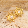 Boucles d'oreilles tournesol dorées avec perle sur fond de pierre rustique - Style Fleur de Soleil Perle Or (27)