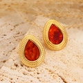 Boucles d'oreilles dorées vintage avec résine ambrée et bordure perlée texturée - Style Goutte Ambre Orange Texture Granulée (19)