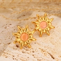 Boucles d'oreilles tournesol bohème dorées avec un centre en pierre œil de chat rose - Style Fleur de Soleil Oeil de Chat Rose Orange (31)