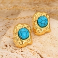 Boucles d'oreilles vintage en or avec texture de lave et pierres turquoise rondes - Style Turquoise Bleue Or Texture Martelée (22)