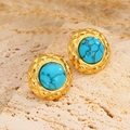 Pendientes redondos retro chapados en oro con turquesa azul y textura de celosía - Estilo Redondo de Textura Turquesa Azul (01)