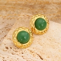 Pendientes vintage de acero de titanio dorado con turquesa verde y textura acolchada retro - Estilo Redondo Verde Patrón Acolchado (03)