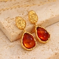 Boucles d'oreilles vintage en ambre et acier titane doré sur plateau en pierre - Style Pendentif Goutte Ambre Martelé (32)