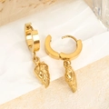 Polished gold stainless steel hoop earrings featuring elegant leaf-shaped metal charms - Leaf