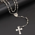 Silver religious rosary necklace with 18k vacuum plating beads and crucifix pendant - Steel Black Oil Style / 75cm