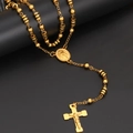 Exquisite 18k gold plated 6mm rosary necklace with Virgin Mary medal and crucifix pendant - Gold Black Oil Style / 75cm