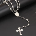 Silver rosary necklace featuring 6mm polished beads and a crucifix pendant design - Steel White Oil Style / 75cm